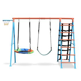 Swing Sets for Backyard, 550LBS Swingset Outdoor for Kids, Basketball Hoop, Climbing Ladder and Nets