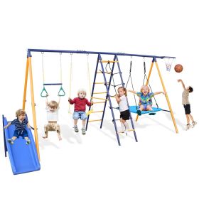 500 lbs 7 in 1 Swing Set for Kids Backyard Outdoor A-Frame Heavy-Duty Metal Swing Sets with Slide, 2 Swing Seats, 1 Climbing Net & Ladder, 1 Gym Ring