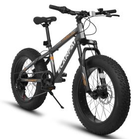 20 inch Fat Tire Bike Teen 7 Speed Mountain Bike, Dual Disc Brakes, High Carbon Steel Frame, Front Suspension, Mountain Dirt Bike (Color: GREY-ORANGE)