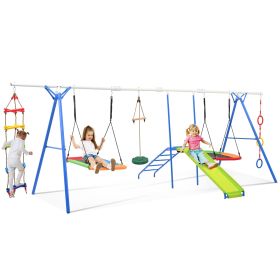 6 in 1 Swing Set for Kids, Toddle Outdoor Swing and Slide Set, Backyard Playground Playsets with Climbing Rope ladder, Disc Swing, Monkey Bar Swing (Color: as Pic)